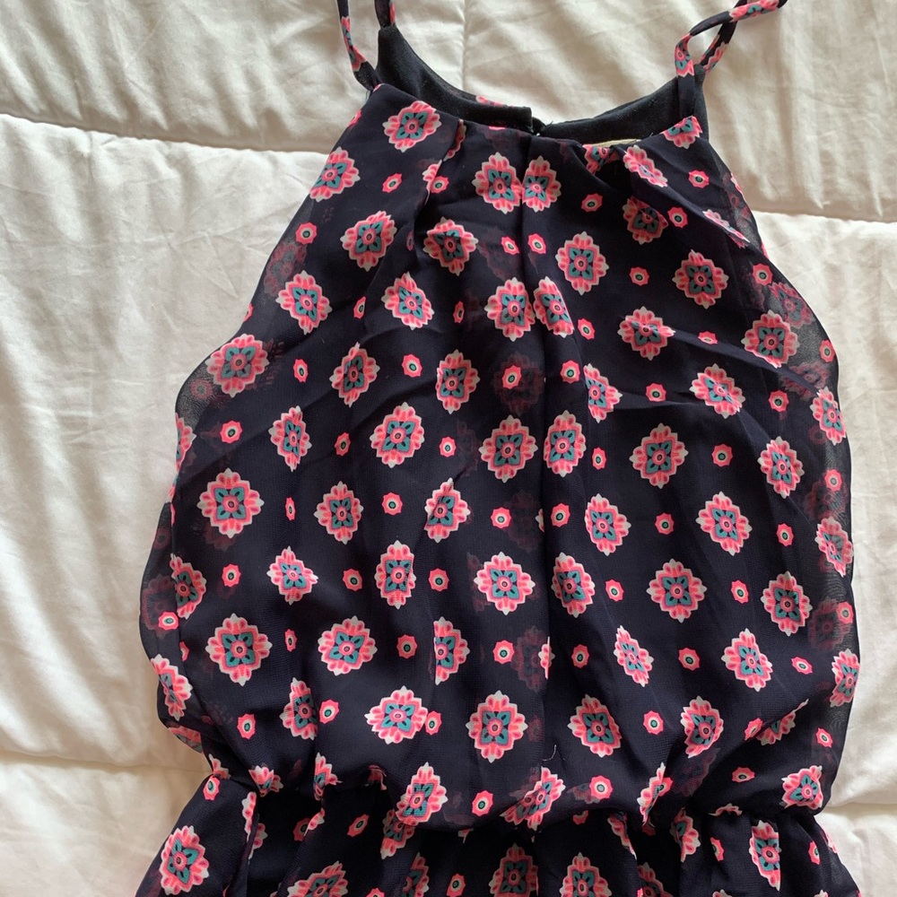 Patterned navy and pink cinched mini dress